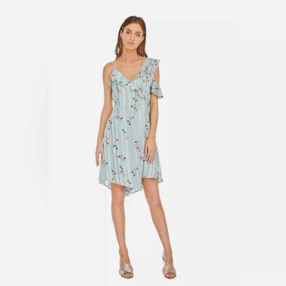 ASTR the Label Women's Josie Dress Cold Shoulder Ruffle Mint Satin Floral Sz M